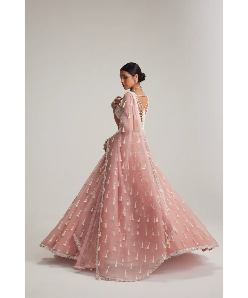 VVANI VATS- Dusty Rose Organza Long Pearl Tassels Lehenga Set